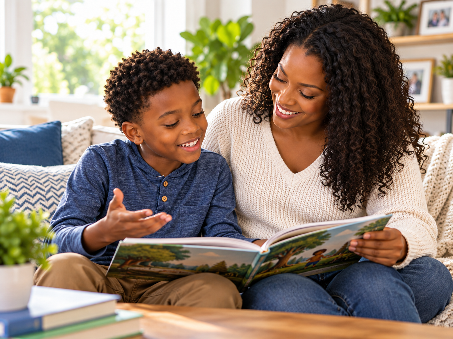 Illustration of a dark-skinned parent and child reading together at home