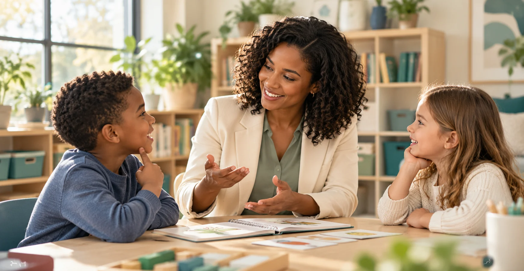 Illustrative classroom discussion with a Black educator, a Black boy and a white girl