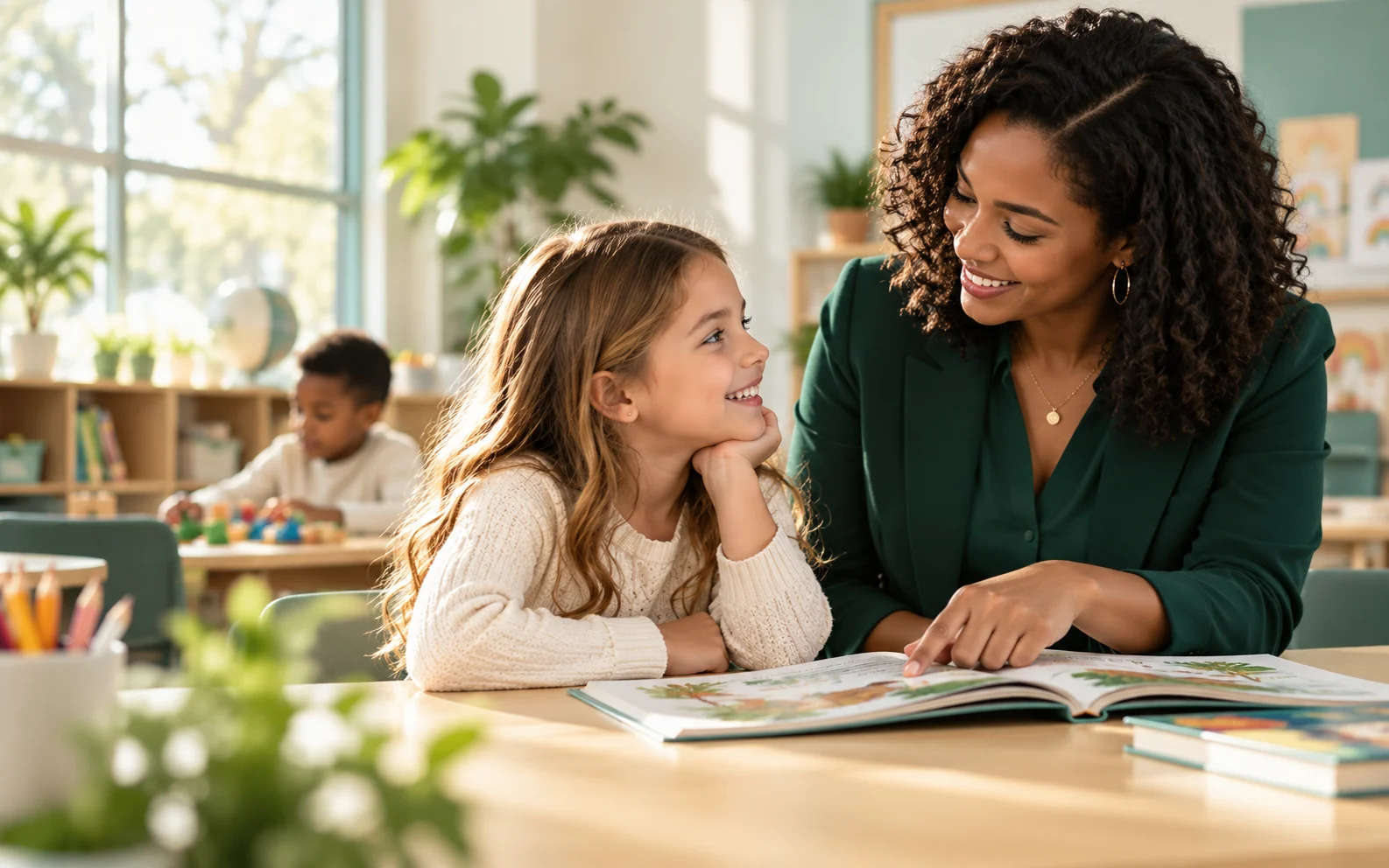 Illustrative photograph of a Black educator sharing a book with a young white student in a welcoming classroom